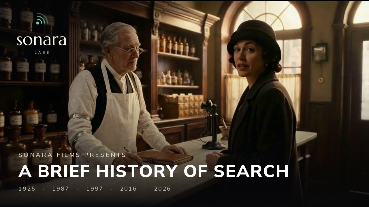 A brief history of search — Sonara Films. A pharmacist behind a 1920s counter looks up at a visitor. 1925 · 1987 · 1997 · 2016 · 2026.